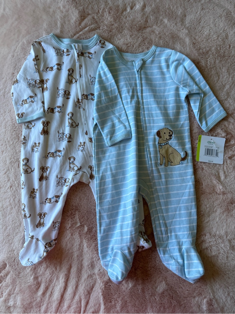 NWT Little Me Puppy Dog Blue & White Zipper Footie Bundle Size 3 months New